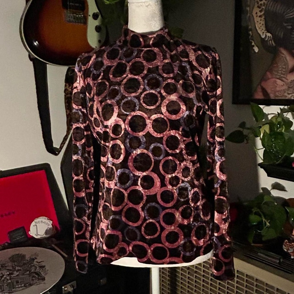 Vintage 1990s Brown Velvet Velour Mock Neck Top with Purple And Pink Circles.